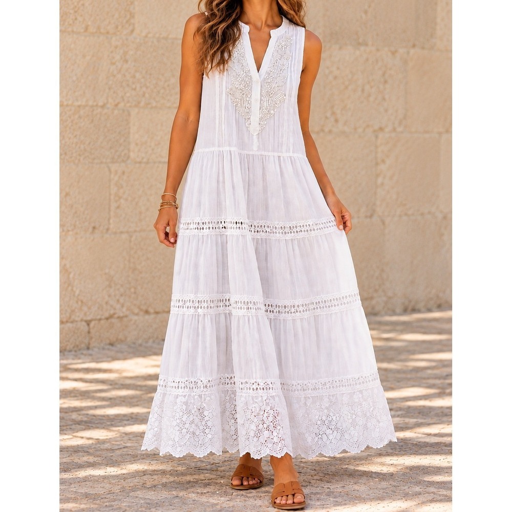 Antica Sartoria Giacomo Cinque White Cotton Lace Sequin Tiered Maxi Dress OS